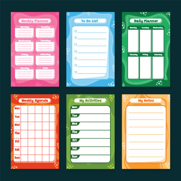 Colorful planner layouts with labeled days and lined spaces a vector illustration agenda appointment calendar