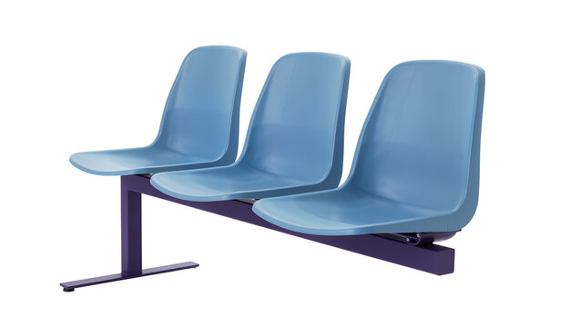Row of three blue plastic waiting room chairs on purple metal frame, isolated on transparent background
