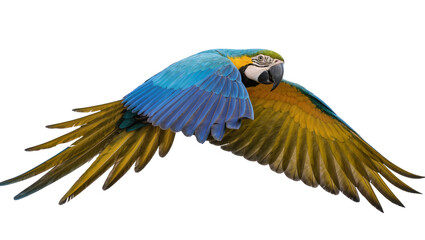 Blue and yellow macaw parrot in flight, isolated on transparent background © Petra