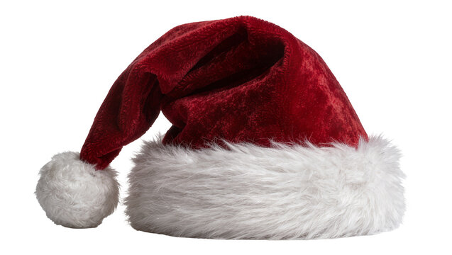 Plush red Santa hat with white fur trim and pompom, isolated on transparent background