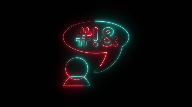 Neon glowing person icon with angry speech bubble symbols