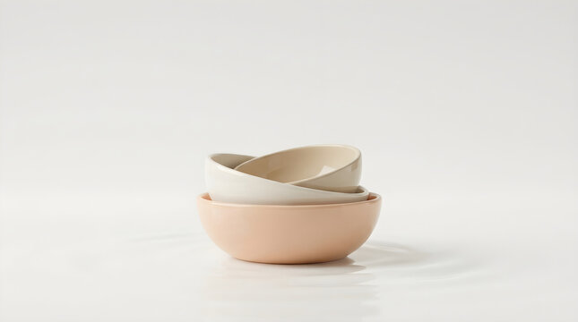 Minimalism Concept Stacked Ceramic Bowls with Clean Design on White Background
