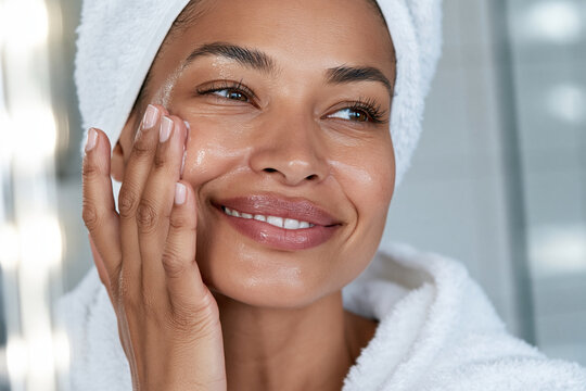 Woman smiles gently while applying moisturizer. She wears a soft white towel on her head. Her skin glows with healthy, radiant texture. Fingers gently glide across her cheekbones