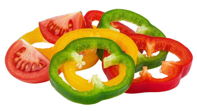 Freshly sliced red yellow and green bell peppers with tomato wedges, isolated on transparent background