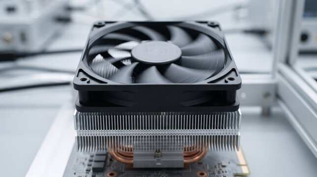 A close-up view of a computer processor cooling fan with black blades mounted on a metallic ad social media download thambnail poster web template event festival 2026 2027 2028