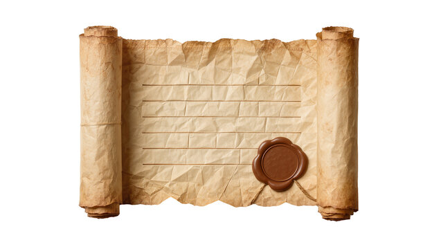 Old parchment scroll with wax seal and lined paper, isolated on transparent background