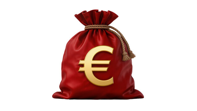 Red drawstring money bag with golden euro symbol, isolated on transparent background