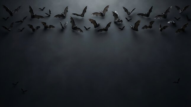 A flock of black bats flying against a dark moody background perfect for a spooky halloween design