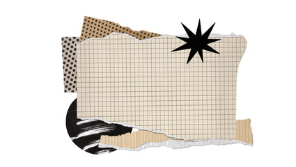 Collage of torn paper scraps with grid polka dots and starburst, isolated on transparent background © Petra