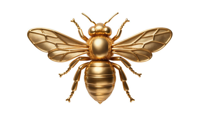 Polished golden bee sculpture with intricate details, isolated on transparent background