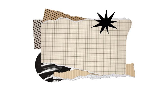 Collage of torn paper scraps with grid polka dots and starburst, isolated on transparent background