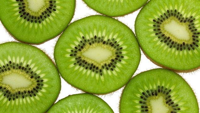 Bright green kiwi fruit slices with black seeds, isolated on transparent background