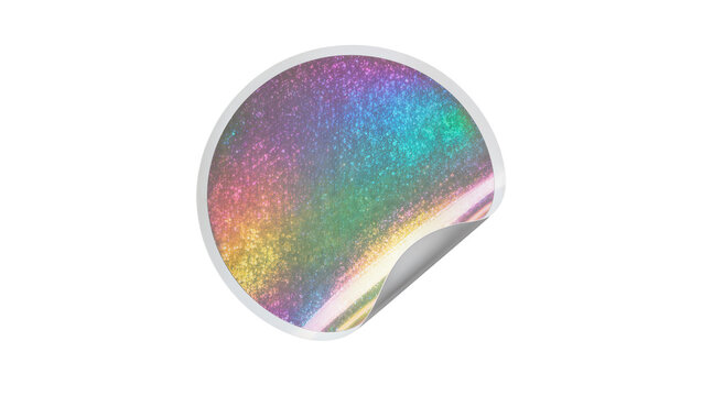 Round holographic sticker with peeling edge, isolated on transparent background