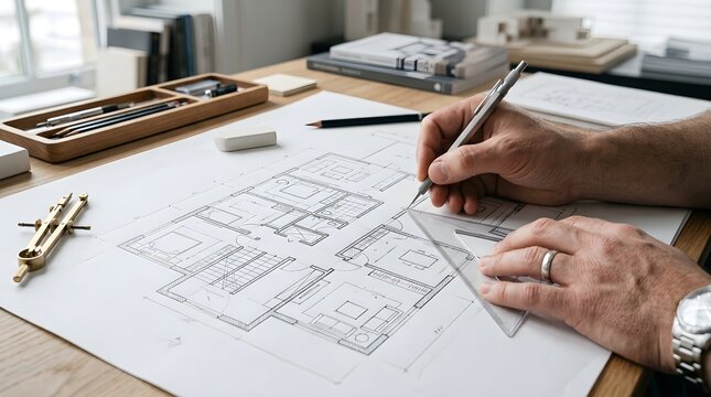 Architect drawing building floor plans on paper with drafting tools at a desk
