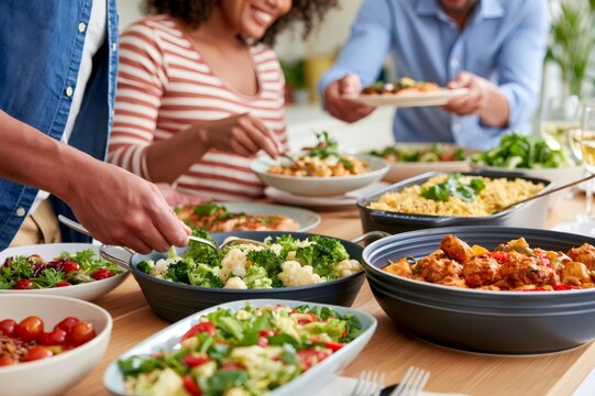 Friends gathering for dinner enjoying healthy buffet food