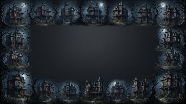 Dark gothic frame featuring intricate vintage architectural illustrations of haunted castles and eerie medieval buildings on black background