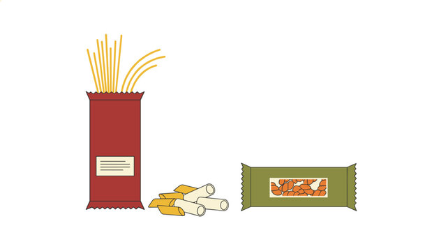 Assortment of packaged food items including spaghetti, rolled pastries, and a protein bar on white background.