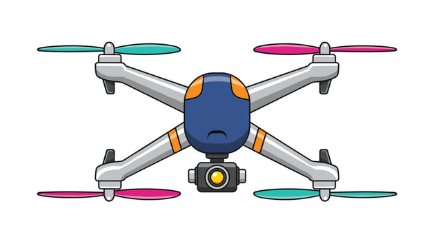 Modern quadcopter drone with four colorful propeller blades and an attached camera ready for aerial photography.