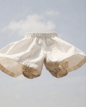 Cream Linen Shorts Floating Against Cloudy Sky Background