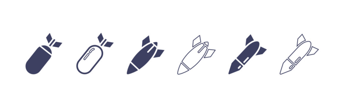 Air bomb icon set, atomic and nuclear bomb symbols for military history, conflict awareness, geopolitical themes, emergency planning and educational graphics.