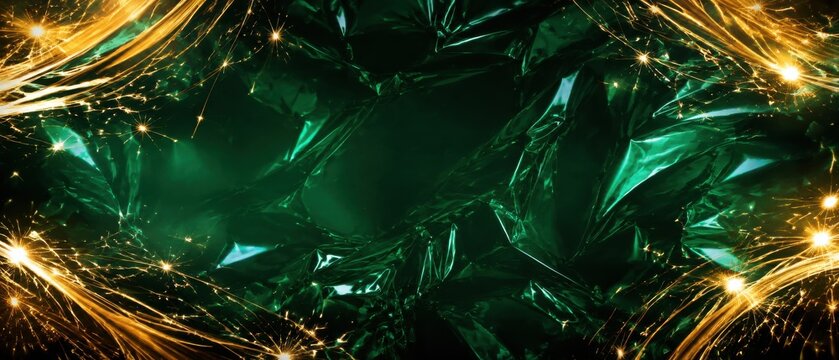 Abstract green crystal background with golden light streaks