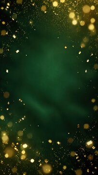 Green and gold festive bokeh background with glowing confetti