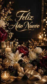New year greeting with flowers and candles