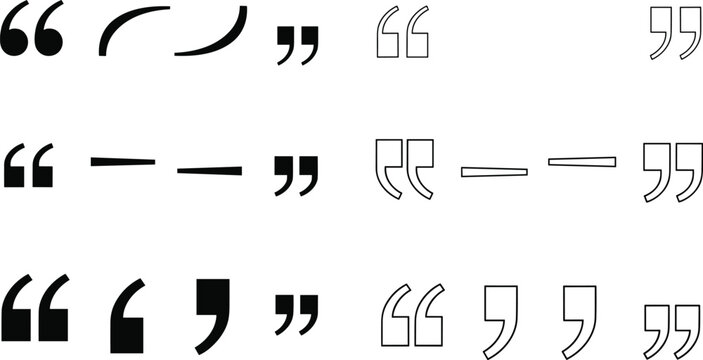 Quotation marks and punctuation typography vector icon set featuring text commas double quotes dashes and citation elements