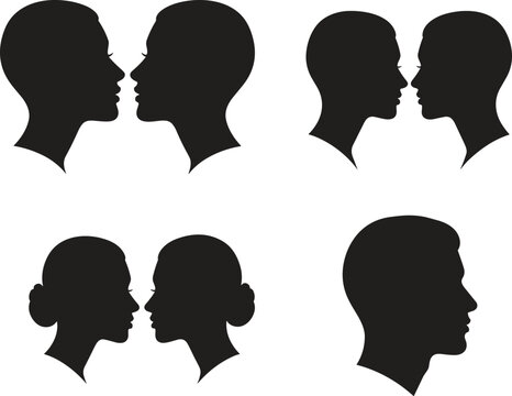 Human head profile silhouette icon set featuring male and female faces facing each other in black vectors