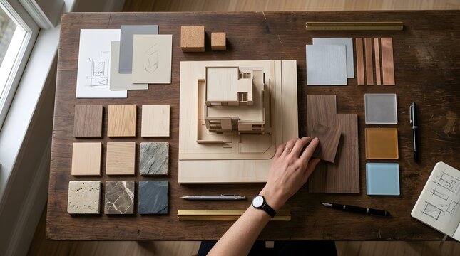 Architect working on building model with material samples on wooden table