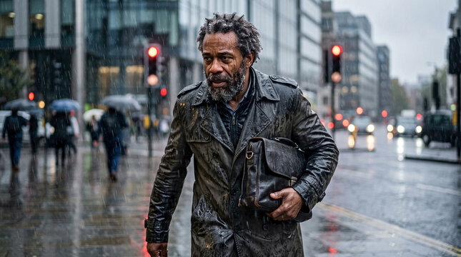Middle-aged Black man walking intently through a sudden torrential autumn downpour on a city street for urban commute blogs, rainy weather articles, lifestyle websites, and fashion editorials