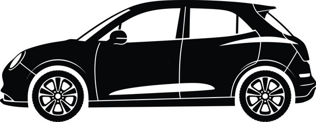 Naklejka premium Modern Car Silhouette Vector Illustration - Sleek Black Hatchback Side View Icon for Automotive Graphic Design, Transportation Clipart, and Auto Industry Promotional Projects.