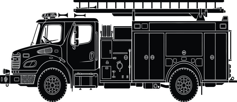 Black and White Fire Truck Vector Illustration - Side View of a Professional Emergency Rescue Fire Engine Silhouette for Firefighting Department and Public Safety Services Graphics.