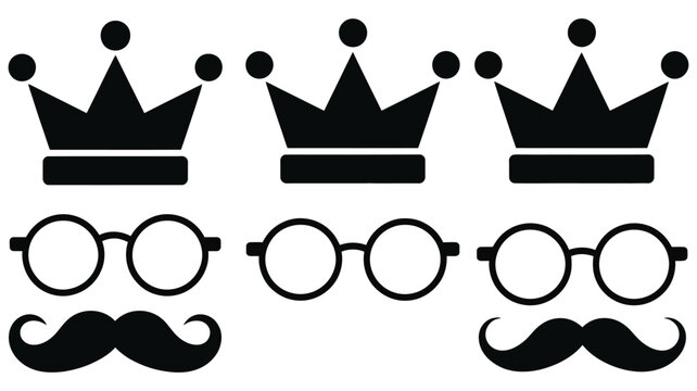 King Crown Mascot Icons featuring mustache and round eyeglasses in black solid, linear outline, and square button styles