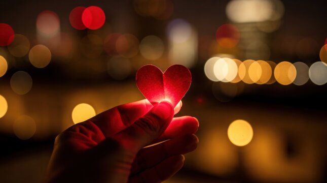 A hand holds a red paper heart against a backdrop of blurred city lights at night, creating a warm and romantic atmosphere.