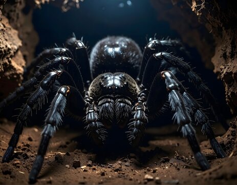 Close-up view of a large, dark, hairy spider emerging from a burrow in the ground, evoking primal fear
