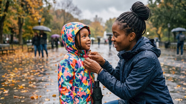 Young Black mother adjusting hood of small daughter colorful raincoat in park during autumn rain for parenting blogs, family lifestyle websites, and autumn advertising