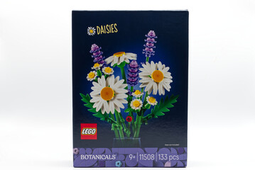Fototapeta premium Bologna - Italy - August 24, 2026: Front view of the lego botanicals daisies set retail box packaging on white background.