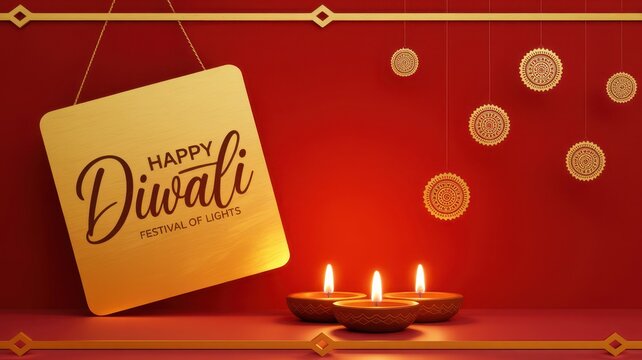 Happy Diwali Minimalist 3D render of golden plaque with happy diwali text hanging above burning oil lamps on red platform