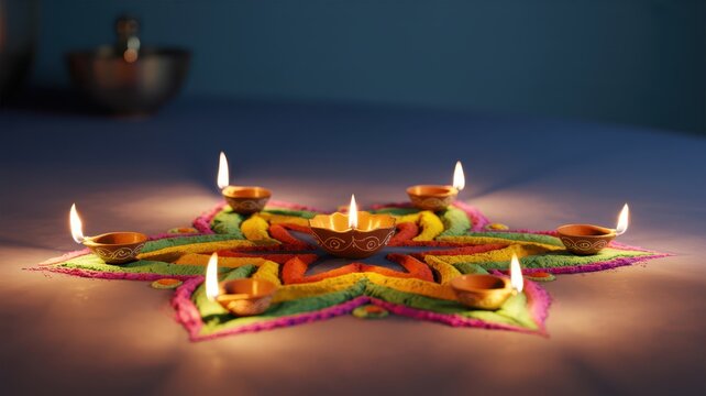 Happy Diwali Traditional oil lamps glowing on vibrant colorful rangoli powder pattern for celebration of festival of lights