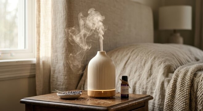 Elegant ceramic aroma diffuser emitting a soft mist beside an essential oil bottle on a wooden nightstand, creating a relaxing bedroom ambiance.