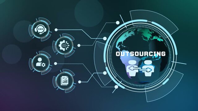 Outsourcing concept with global business services, connected teams, workflow coordination and international digital communication.