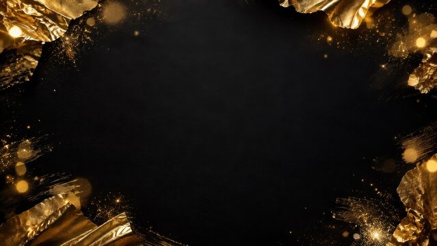 Gold foil frame on black background with sparkles
