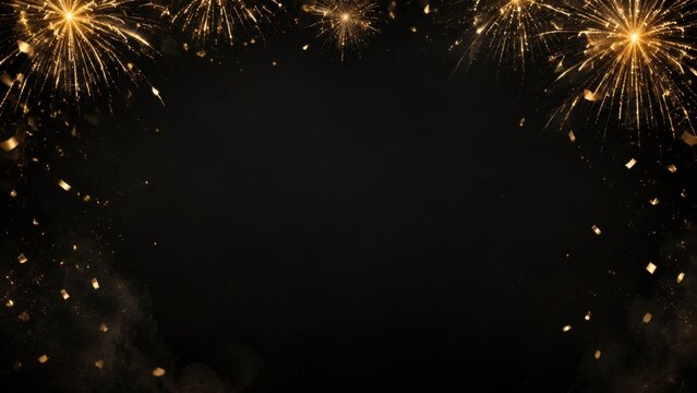 Golden fireworks and confetti on black background