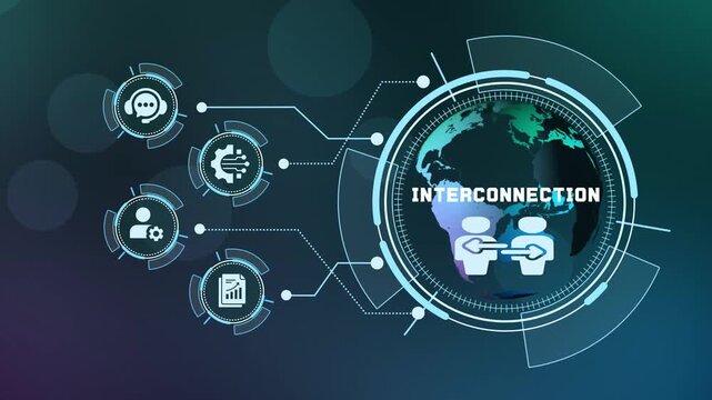 Interconnection concept featuring linked digital nodes, communication pathways, global networking and modern information exchange.