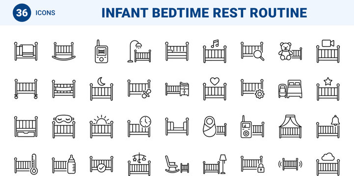 Baby Crib Sleep Web Icon Set in Linear Style. Collection of Nursery Bedding line icons, including bassinet, swaddle, bedtime, monitoring, safety, lullaby.