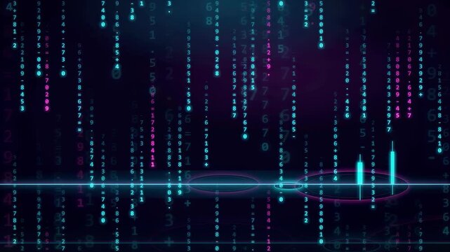 Abstract digital data stream with falling binary numbers and glowing neon light effects on dark background