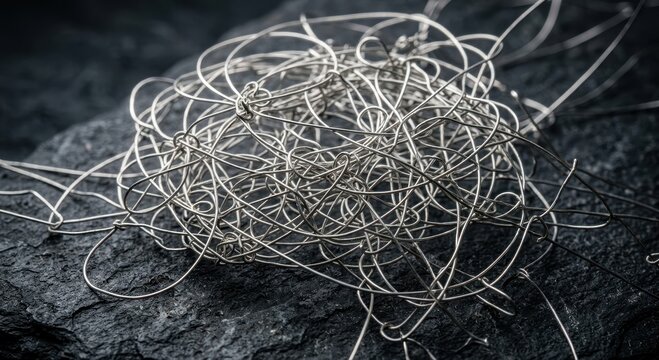 Intricate close-up of tangled fine silver wire forming a complex metallic knot on a dark stone surface
