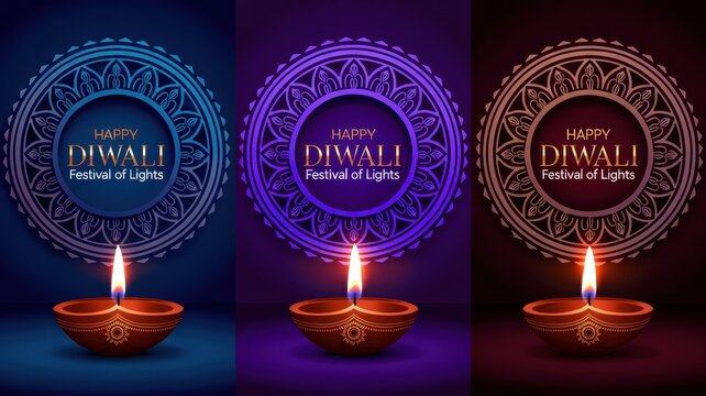 Happy Diwali Set of three colorful Diwali greeting cards featuring ornate mandala designs and glowing clay oil lamps on deep gradient backgrounds