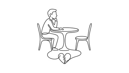 Fototapeta premium Continuous line drawing of a lonely man sitting at a cafe table.